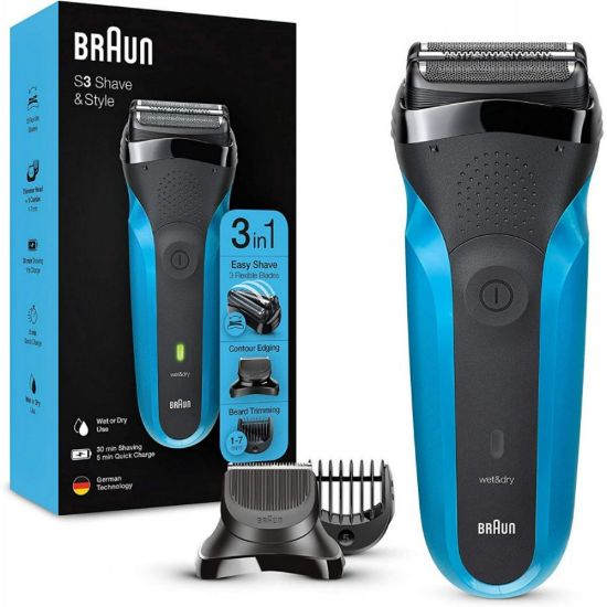 صورة ماكينة حلاقة Series 3 ProSkin Shave & Style 310BT للحلاقة الجافة مع مكينة تشذيب اللحية الدقيقة و5 أمشاط، باللون الأسود أو الأزرق من براون
